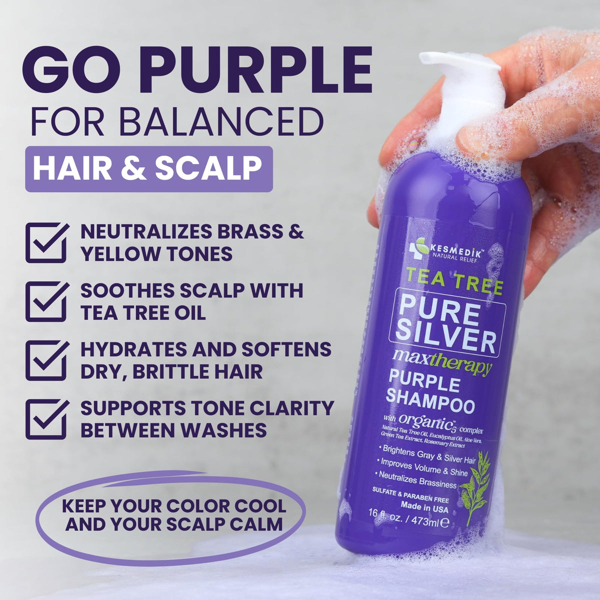 KESMEDIK Tea Tree Purple Shampoo bottle side view