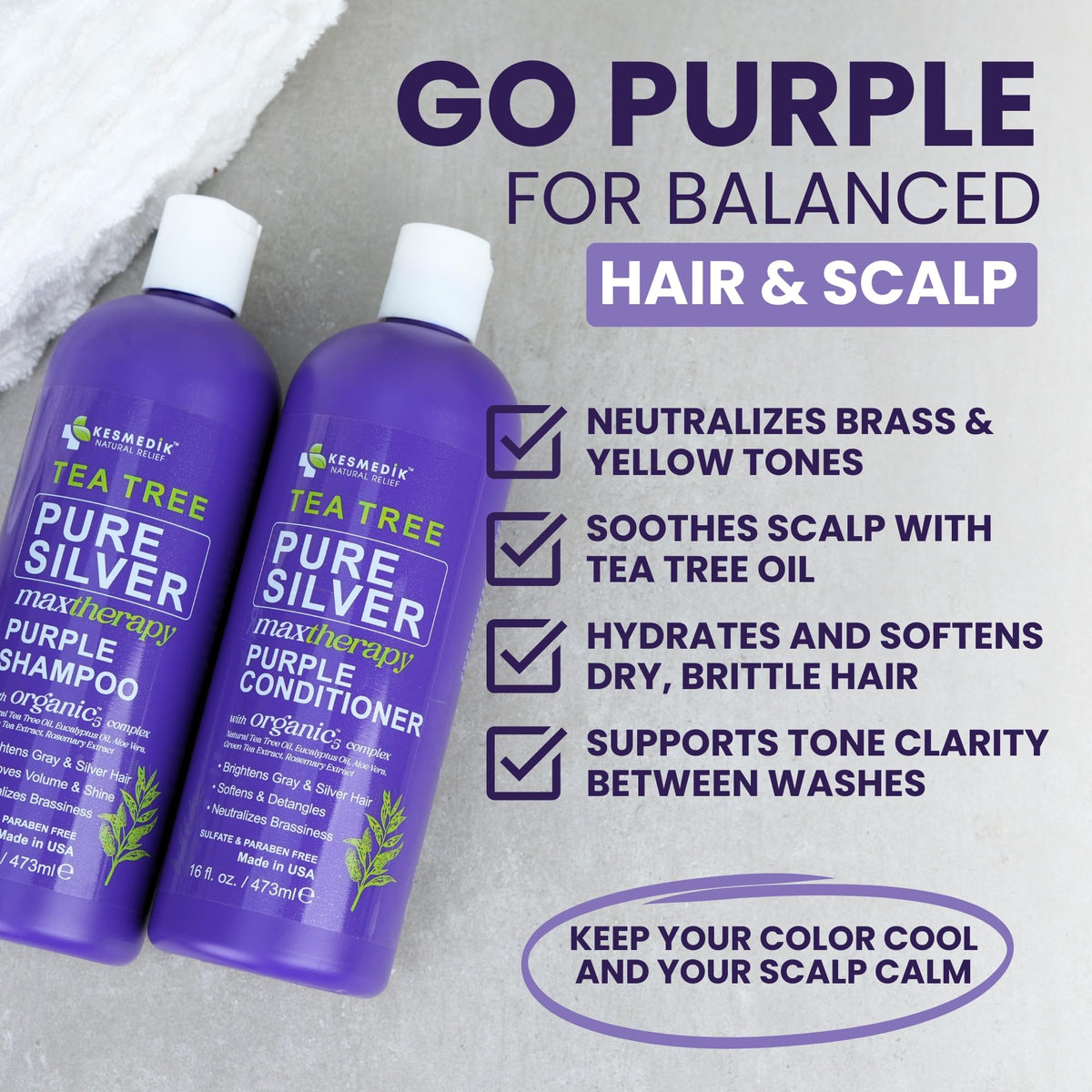 KESMEDIK Tea Tree Purple Shampoo lathering on hair