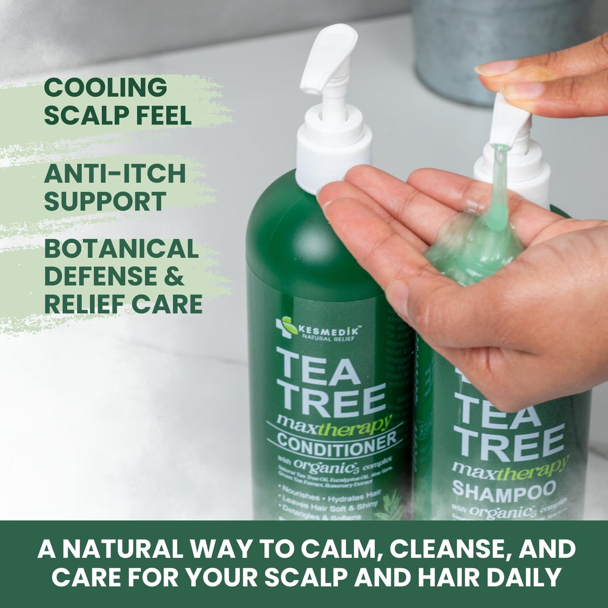 KESMEDIK Tea Tree Shampoo lathering in hair