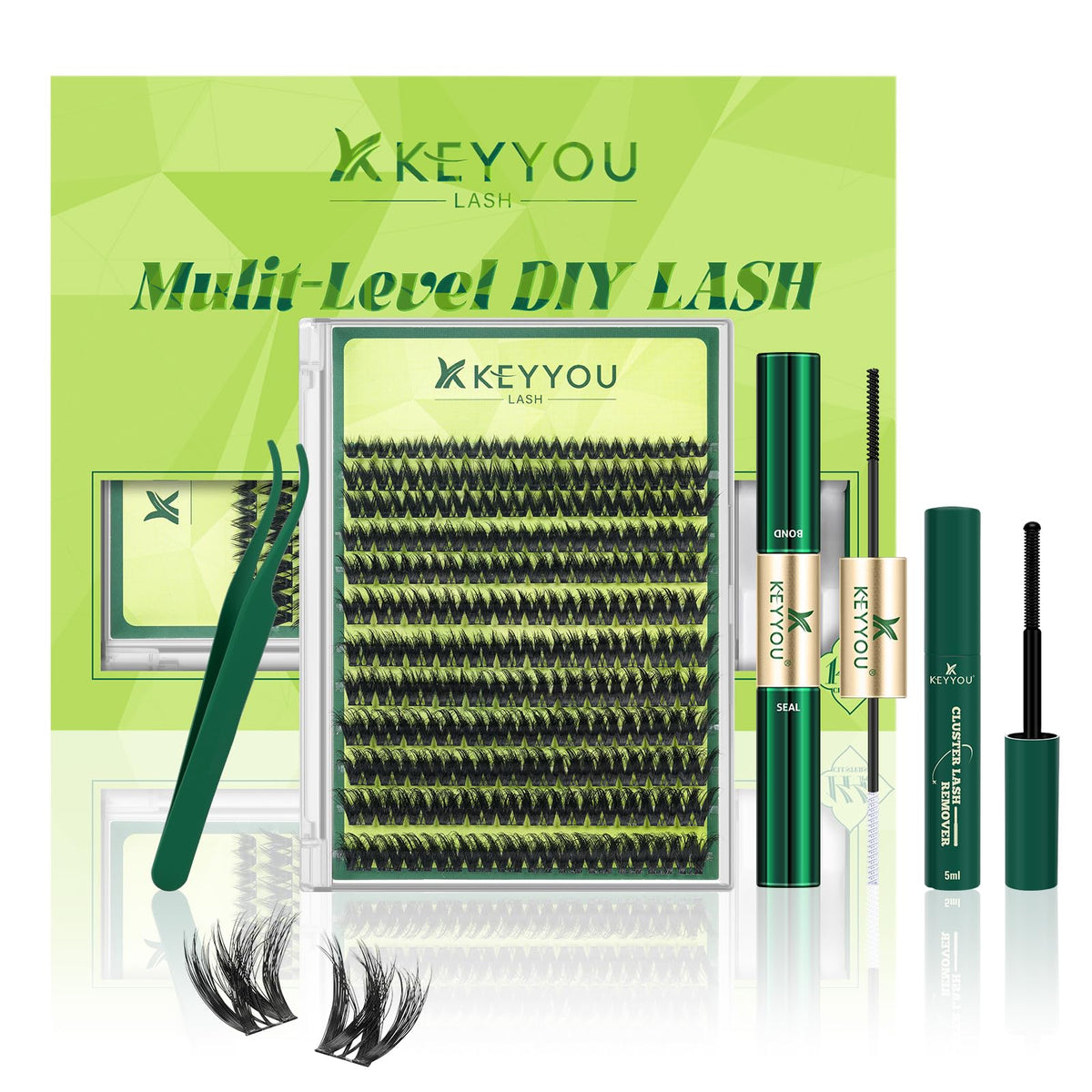 KEYYOU 3D Effect V3D01 Lash Clusters Kit front view with tools