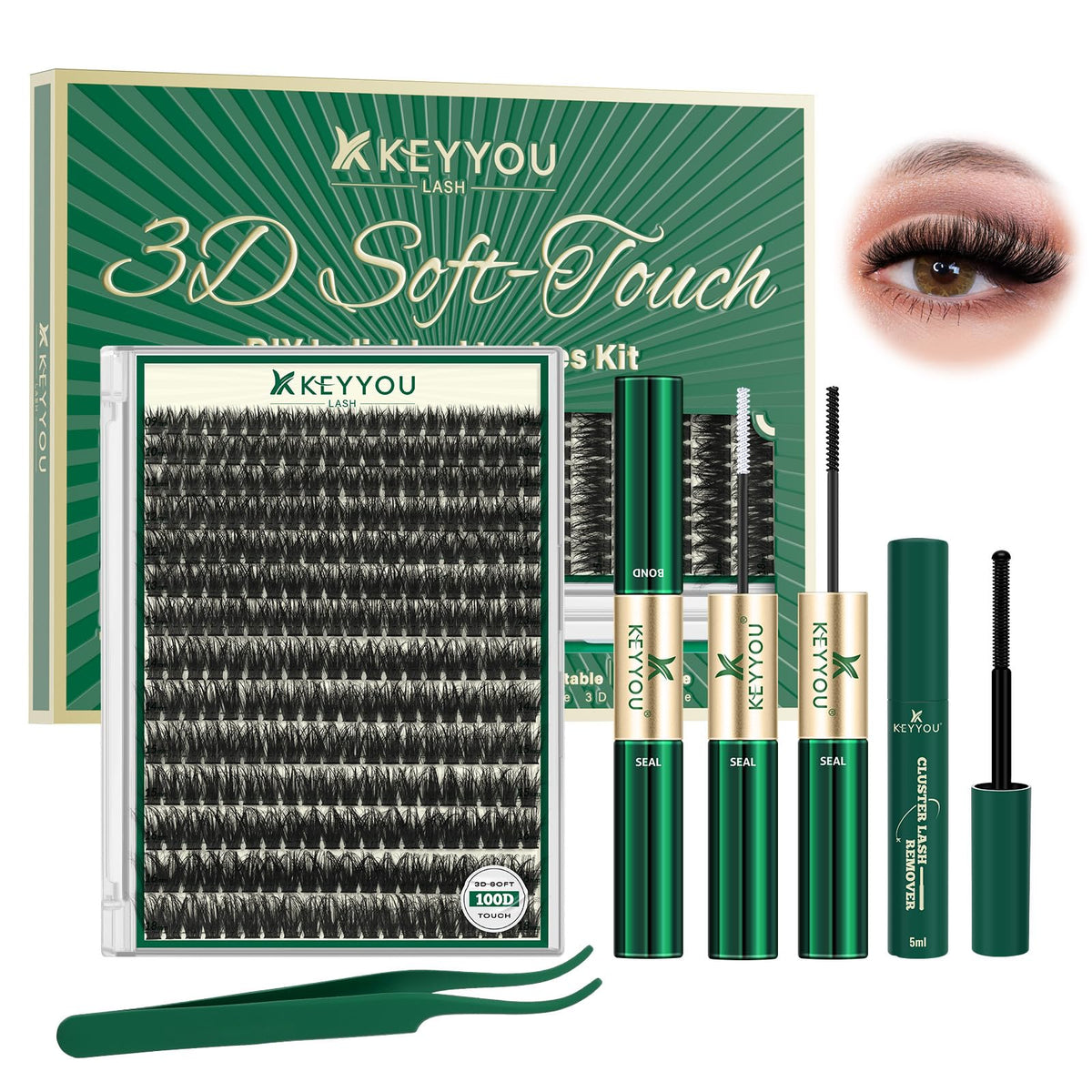 KEYYOU 3D Volume Lash Clusters Kit D Curl 100D front view