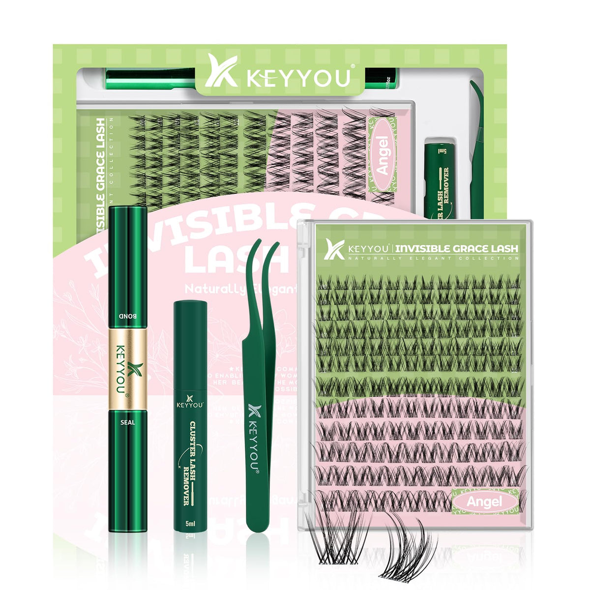 KEYYOU Angel Lash Clusters Kit front view with 144 clusters