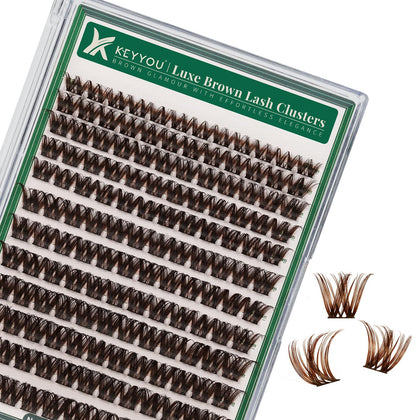 KEYYOU Brown Lash Clusters 144pcs tray with various lengths
