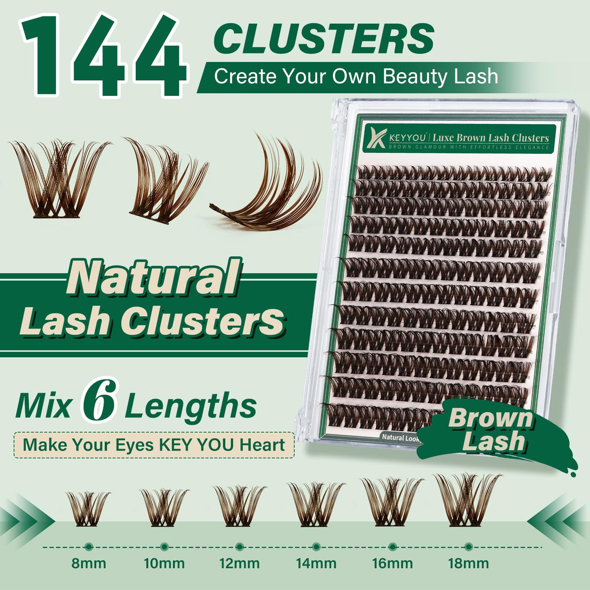 KEYYOU Brown Lash Clusters on model's eyes for natural look