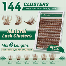 KEYYOU Brown Lash Clusters tray with 8mm to 18mm sizes