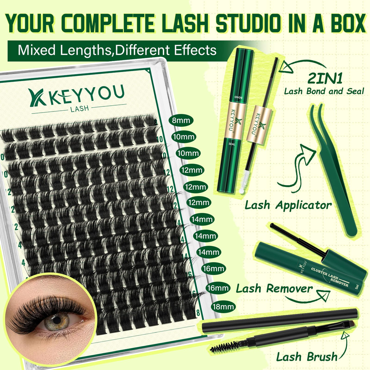 KEYYOU Enchantress Lash Clusters Kit applicators and lash brush