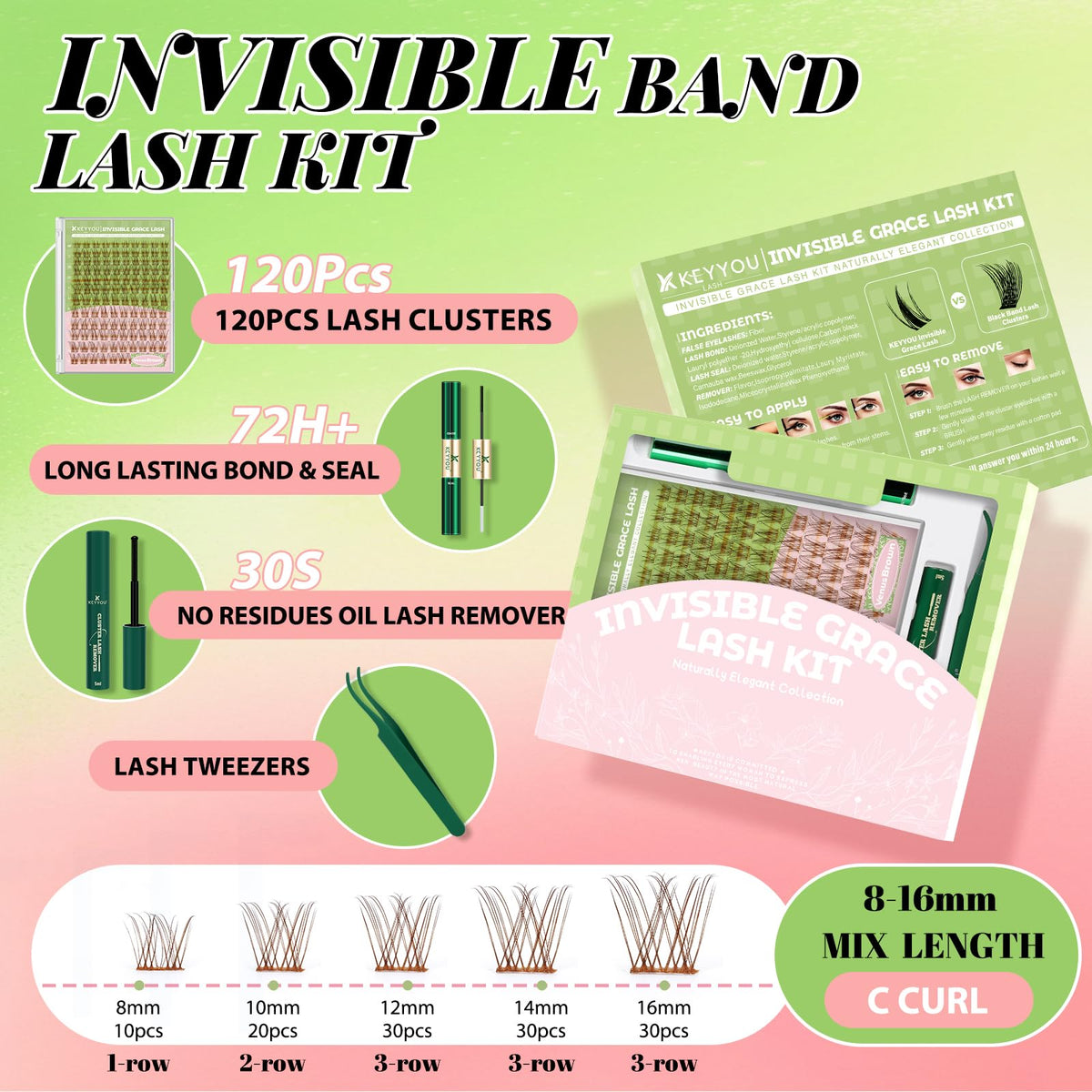 KEYYOU Fairy Lash Clusters Kit contents including lash glue and clusters