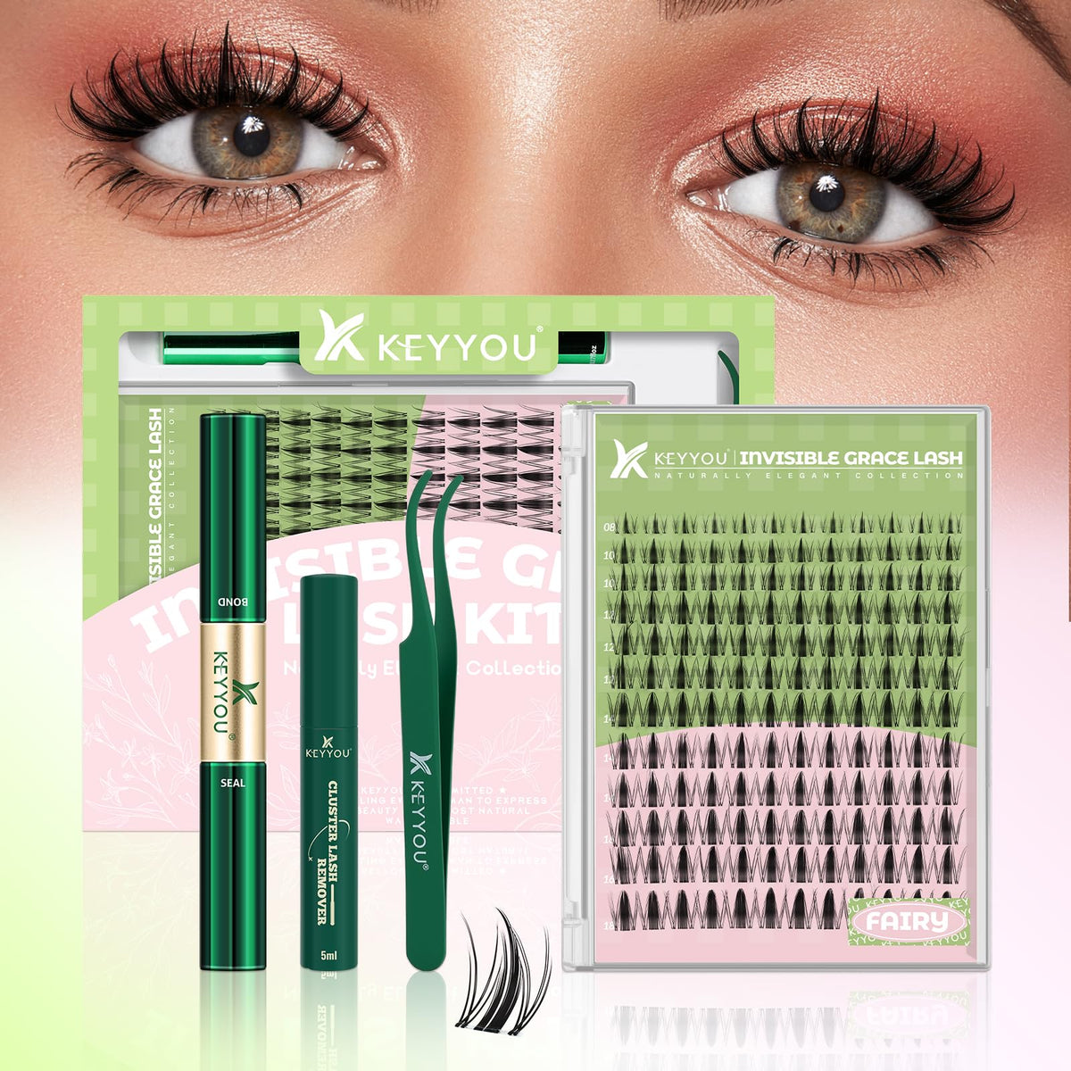 KEYYOU Fairy Lash Clusters Kit front view with accessories