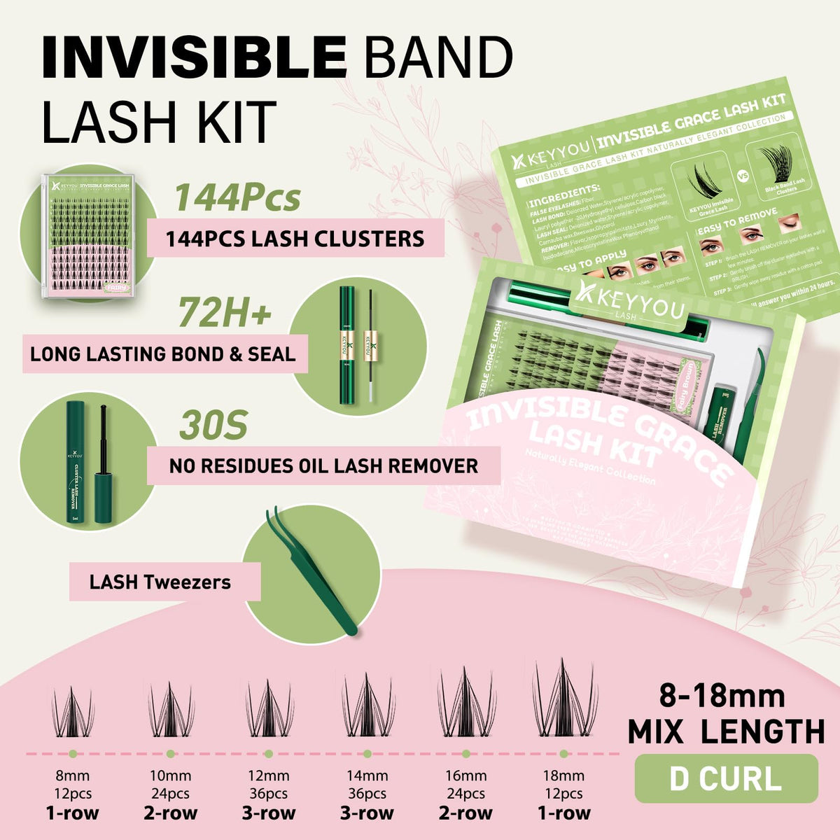 KEYYOU Fairy Lash Clusters Kit showing lash clusters and glue