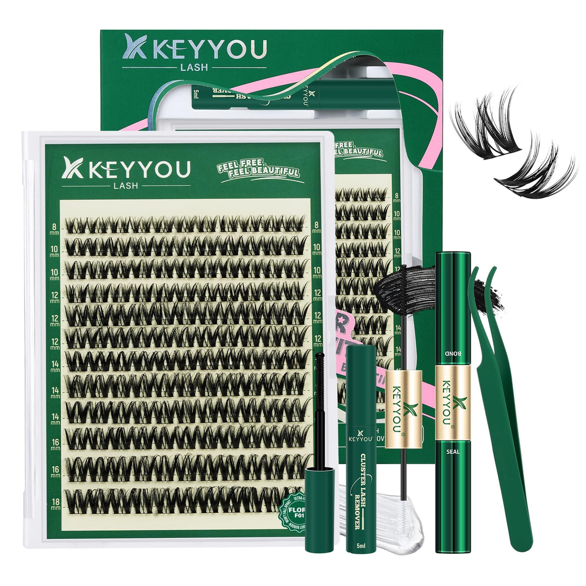 KEYYOU Flora Lash Clusters Kit 132pcs front view with mixed lengths