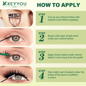 KEYYOU Flora Lash Clusters Kit showing application process with tweezers
