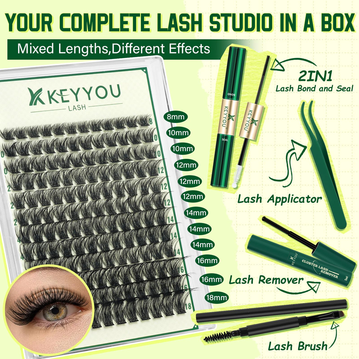 KEYYOU lash brush and applicators included in the kit