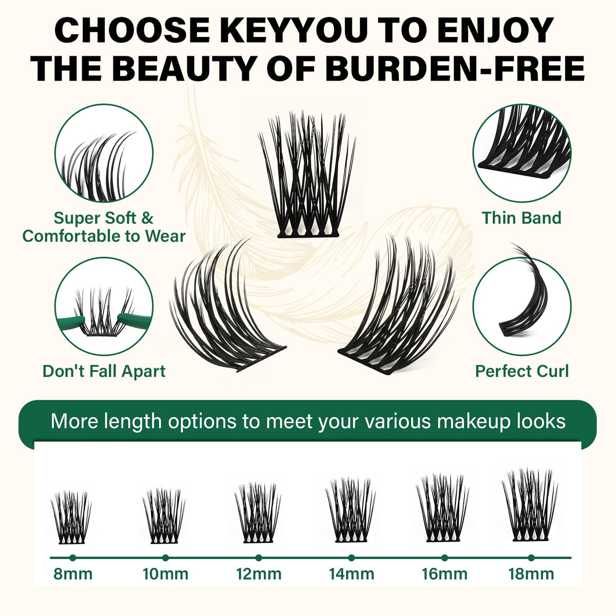KEYYOU Lash Clusters 144pcs D Curl 18mm side view