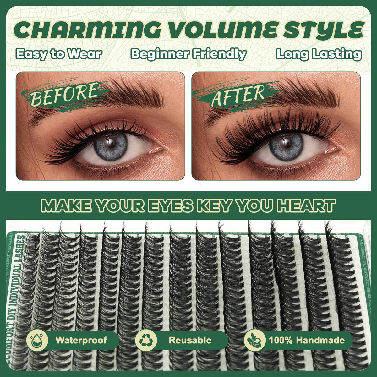KEYYOU Lash Clusters D Curl 60D clusters in a makeup setting