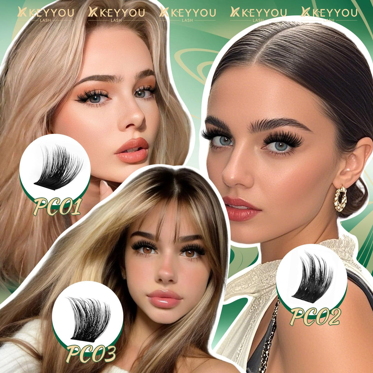 KEYYOU lash clusters in a tray showing different lengths