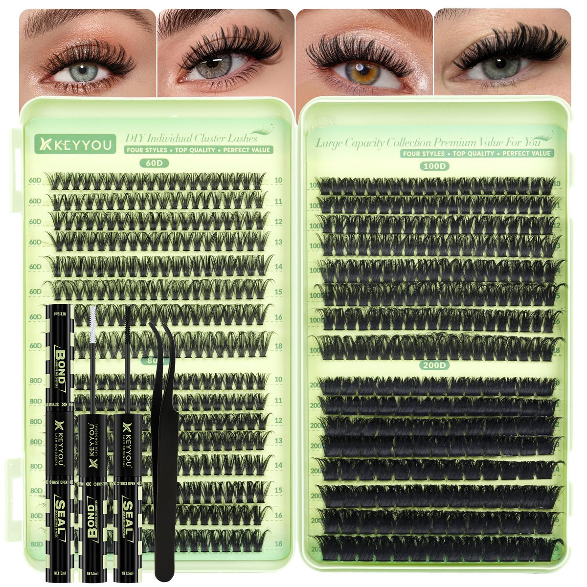 KEYYOU Lash Clusters Kit 584 PCS with four densities displayed