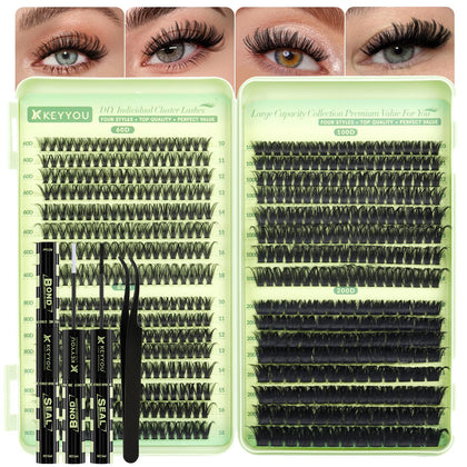KEYYOU Lash Clusters Kit 584 PCS with four densities displayed