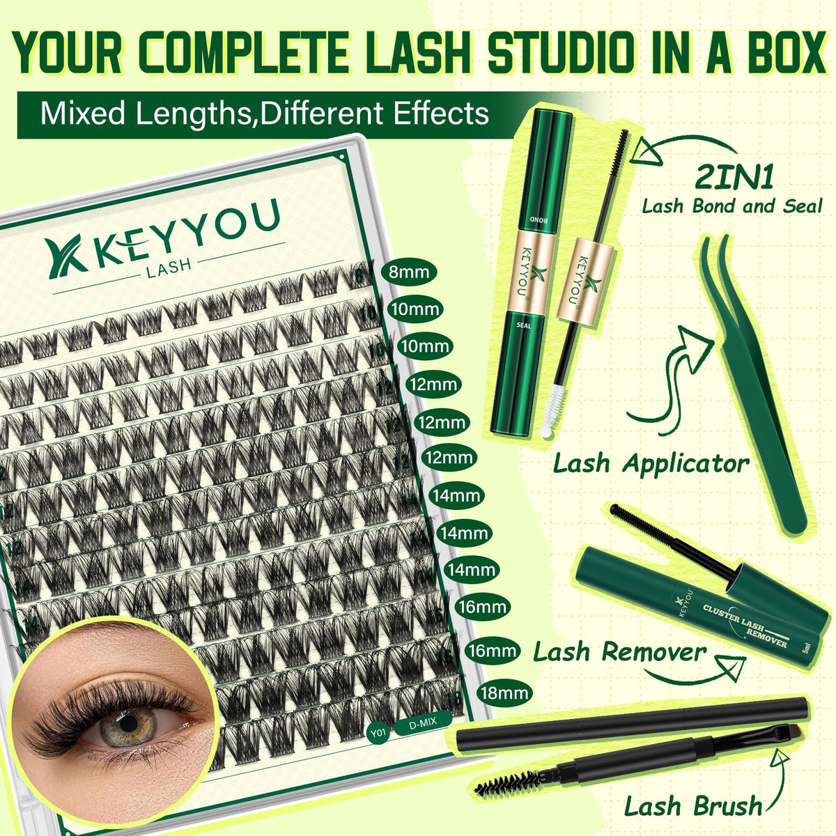 KEYYOU Lash Clusters Kit applicators and lash brush