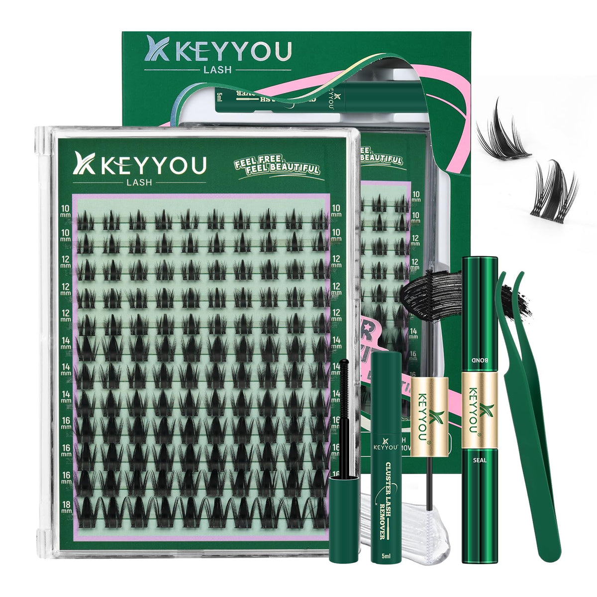 KEYYOU Lash Clusters Kit front view with 120 individual clusters