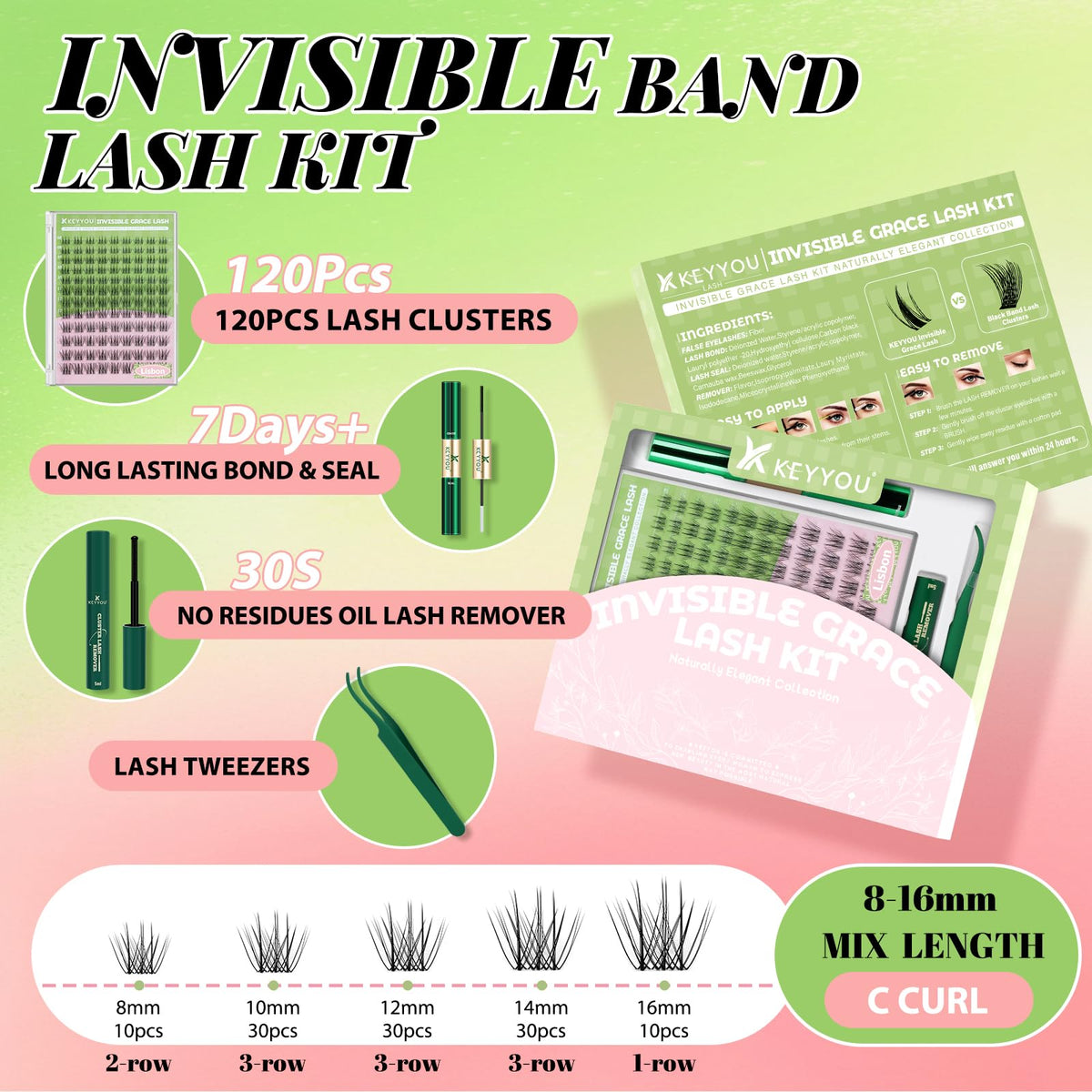 KEYYOU lash clusters showing different lengths and styles
