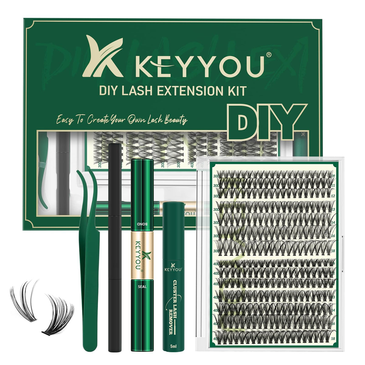 KEYYOU Lash Extension Kit C Curl 300 pcs with BOND and SEAL