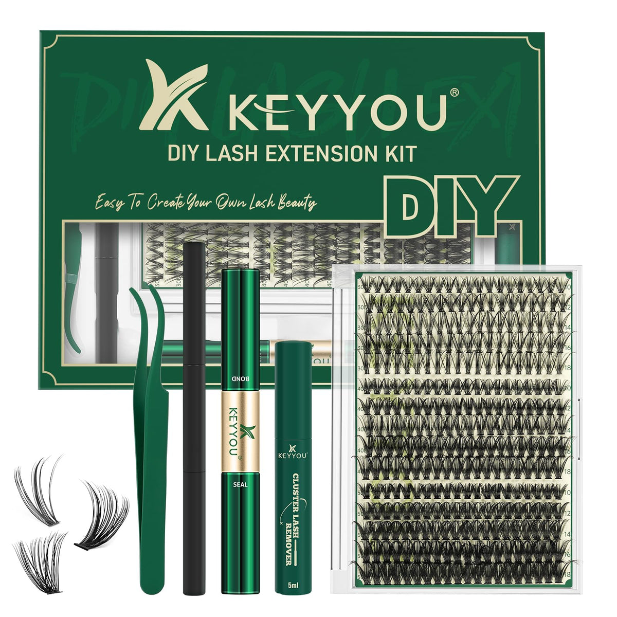 KEYYOU Lash Extension Kit front view with lashes and tools