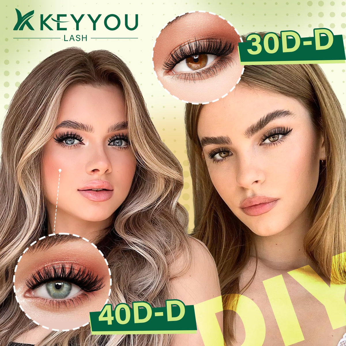KEYYOU Lash Extension Kit showing mixed lash lengths 9mm to 18mm