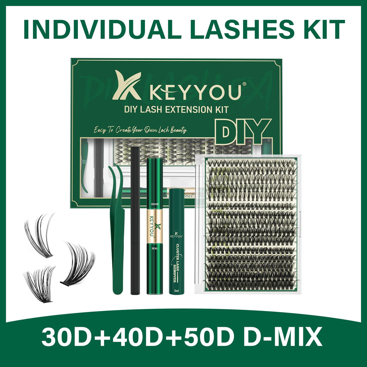 KEYYOU Lash Extension Kit tools and lashes laid out