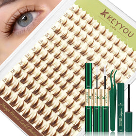 KEYYOU Manga Brown Lash Clusters Kit front view with included lash bond and seal glue
