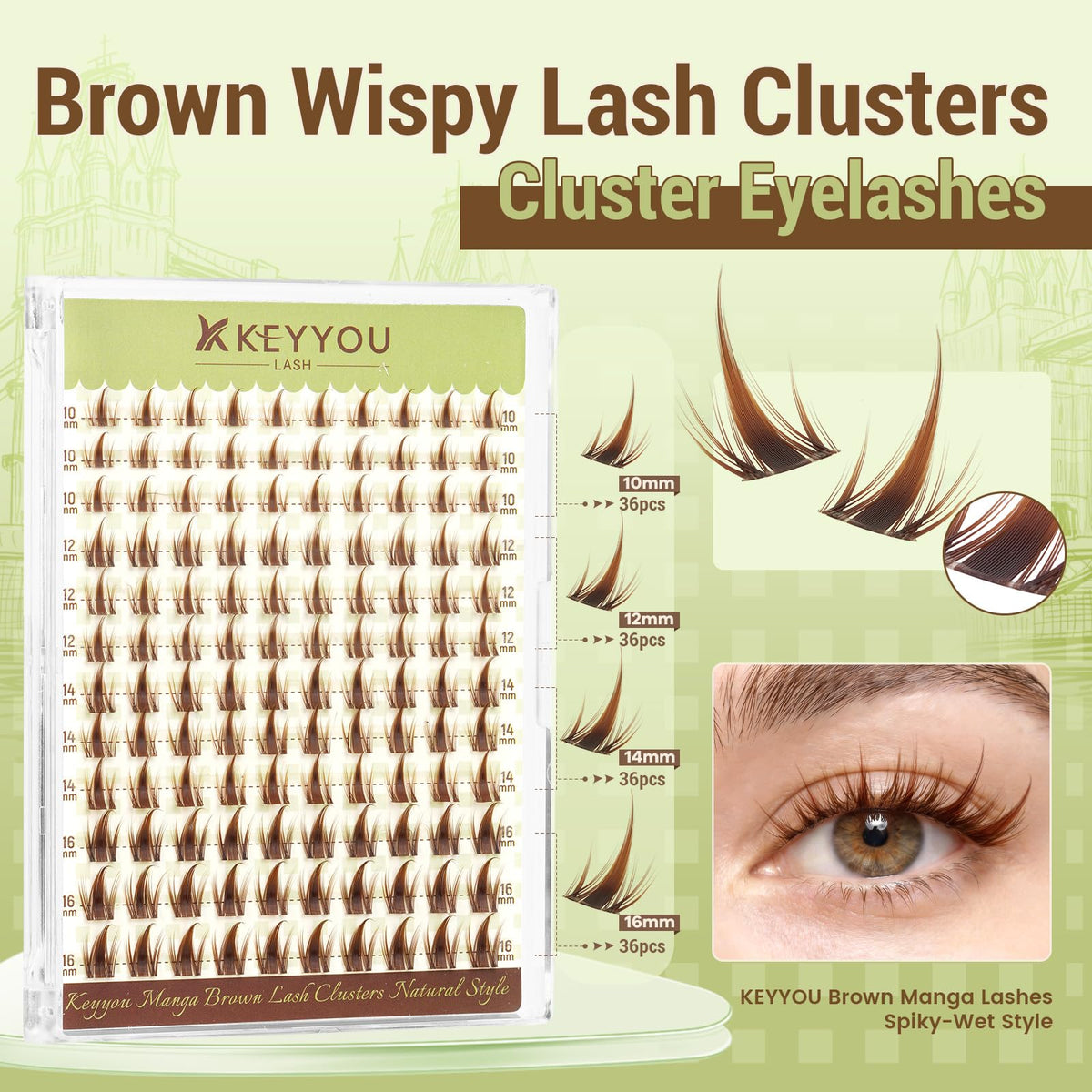 KEYYOU Manga Brown Lash Clusters Kit with lashes and glue on makeup table