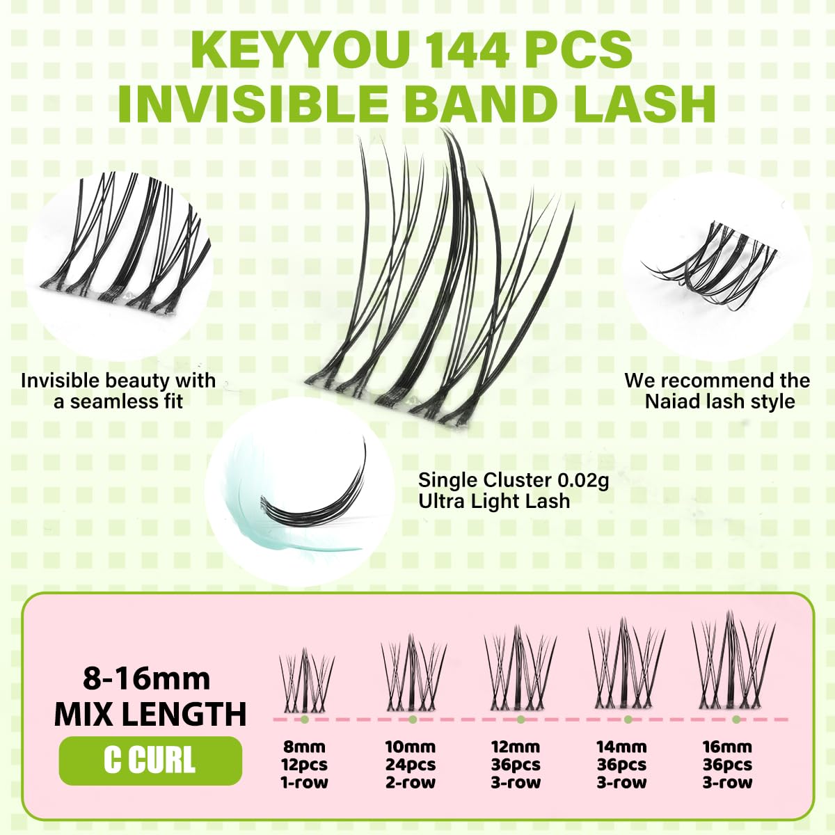 KEYYOU Naiad Lash Clusters showing mixed lengths of lashes