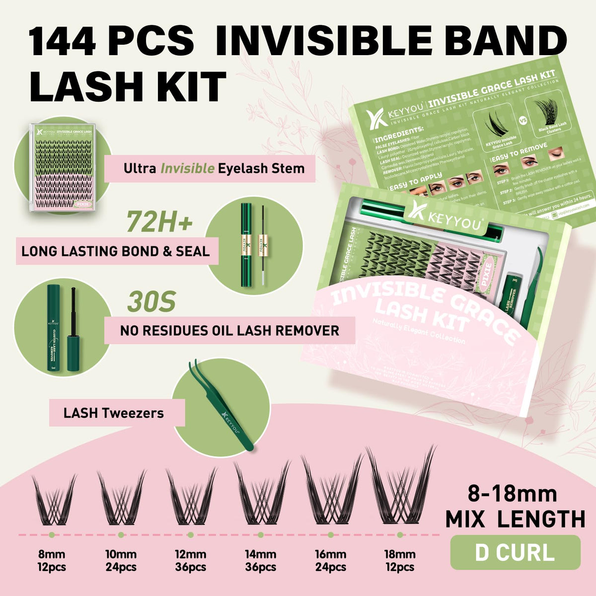 KEYYOU Pixie Lash Clusters Kit contents including lash glue and remover