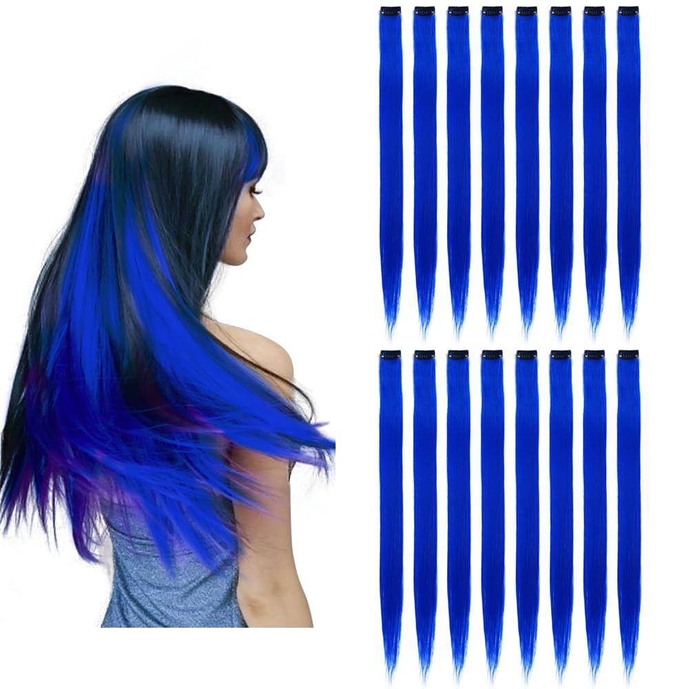 KGBFASS 16Pcs Blue Clip-In Hair Extensions front view