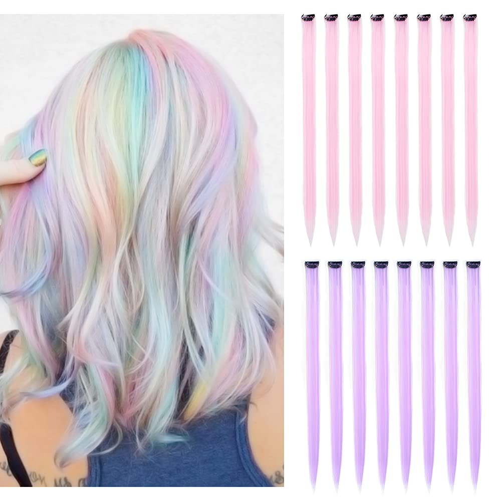 KGBFASS 16Pcs Clip in Hair Extensions in light pink and purple