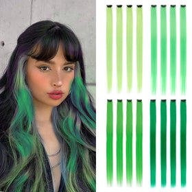 KGBFASS 16Pcs Clip in Hair Extensions Mix Green front view