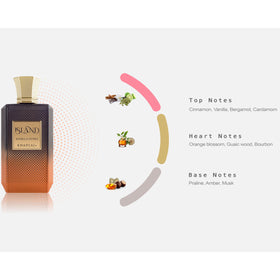 Khadlaj Island Vanilla Dunes perfume bottle with background scenery