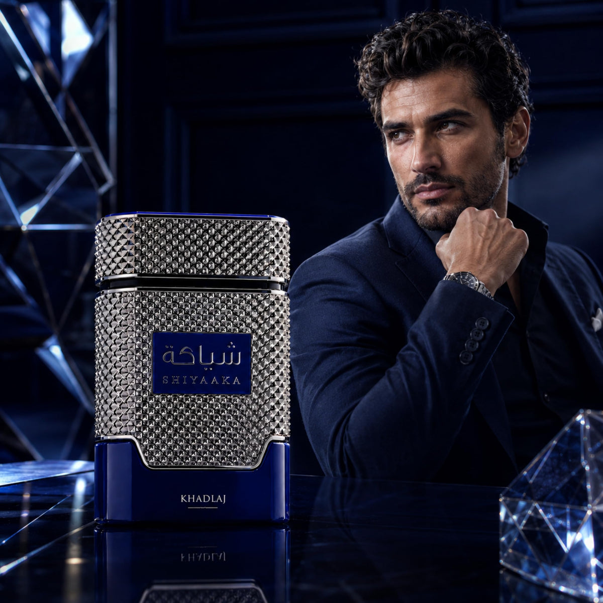 KHADLAJ Shiyaaka Blue Eau De Parfum on a stylish surface