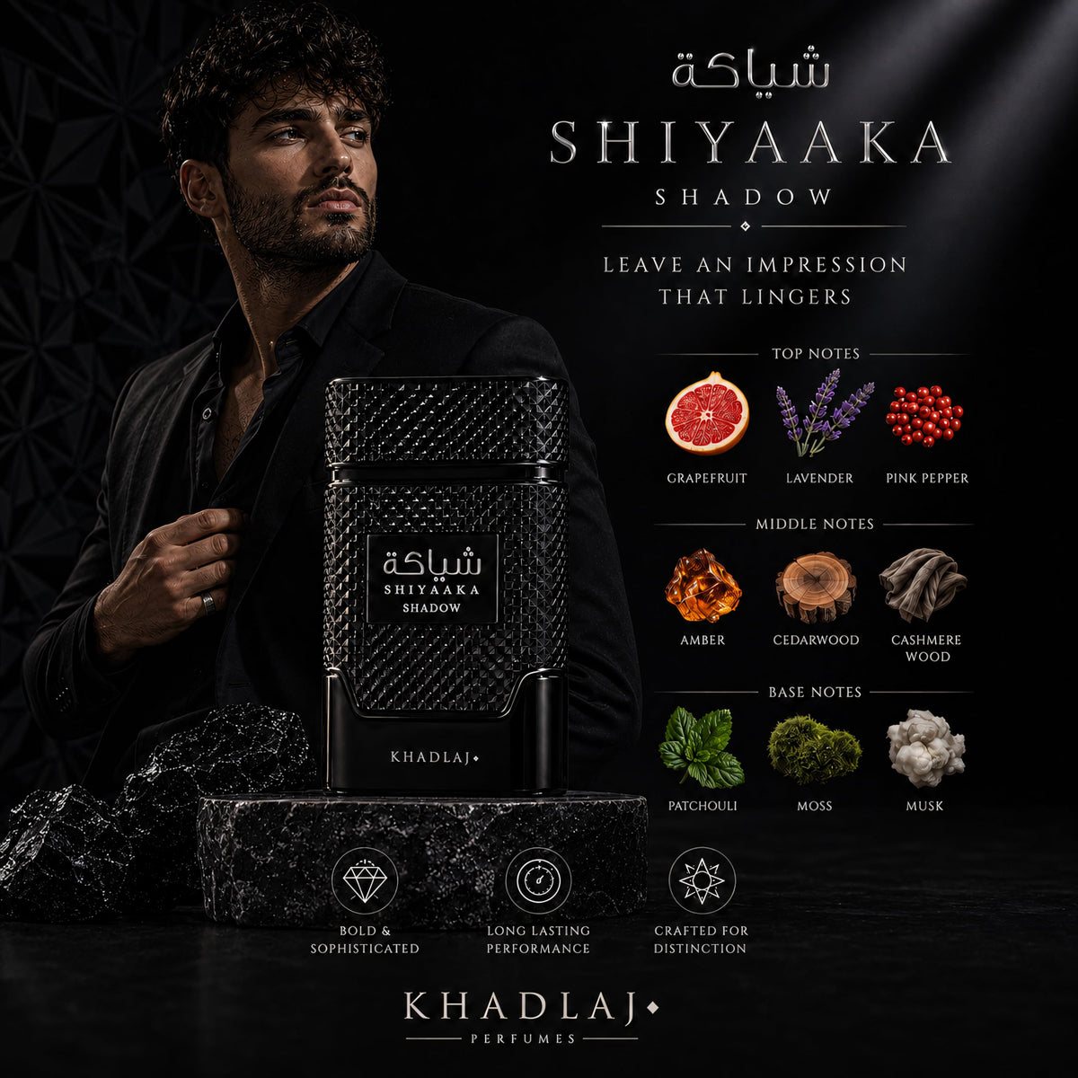 Khadlaj Shiyaaka Shadow fragrance notes illustration