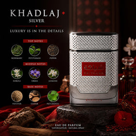 Khadlaj Shiyaaka Silver Eau de Parfum bottle with floral background