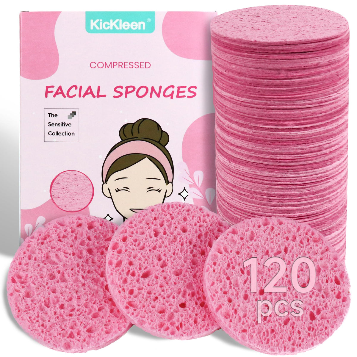Kickleen 120-count compressed facial sponges in packaging