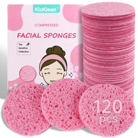 Kickleen 120-count compressed facial sponges in packaging