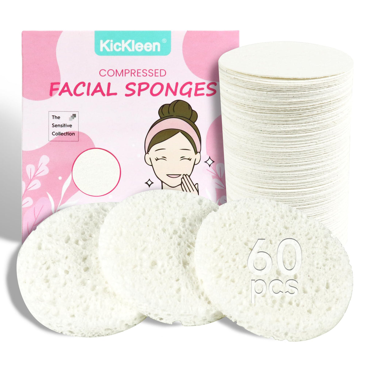 kickleen Compressed Facial Sponges 60 count package front view