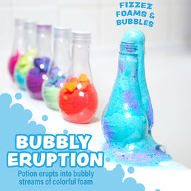 Kids bath bomb potion in action, creating colourful foam
