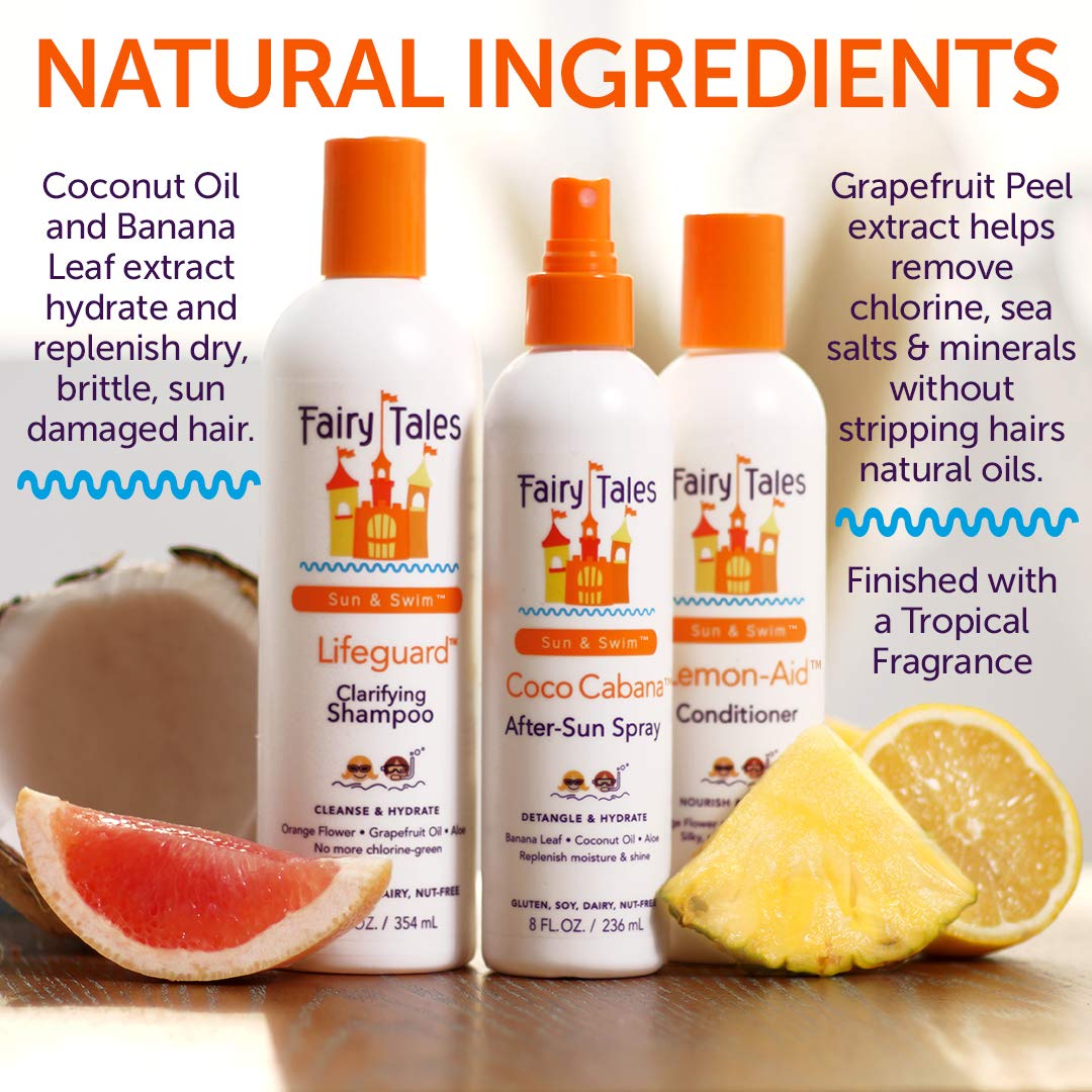 Kids enjoying summer pool time with Fairy Tales hair care