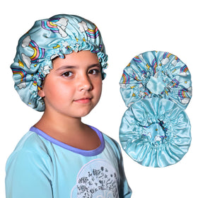 Kids Silk Sleep Bonnet by Nochka Fashion, blue rainbows design