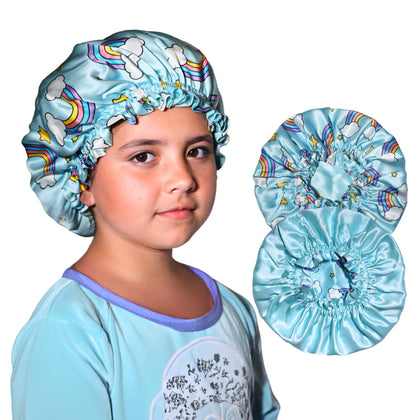 Kids Silk Sleep Bonnet by Nochka Fashion, blue rainbows design