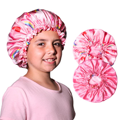 Kids Silk Sleep Bonnet front view in pink rainbows