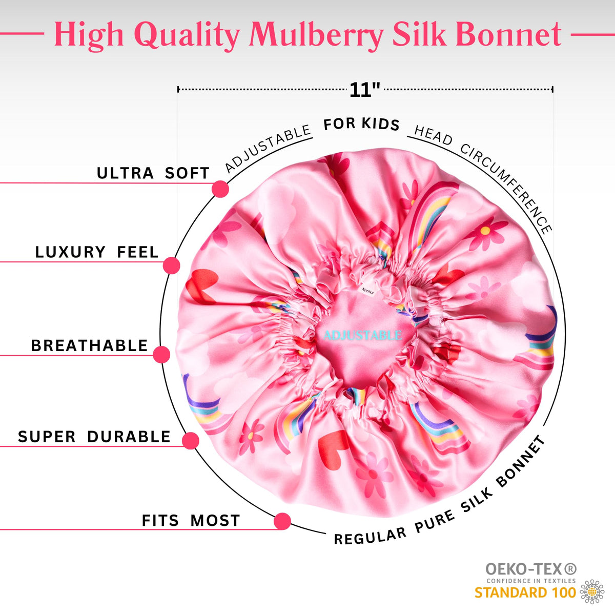 Kids Silk Sleep Bonnet reversible side showing pink and rainbow design