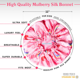 Kids Silk Sleep Bonnet reversible side showing pink and rainbow design