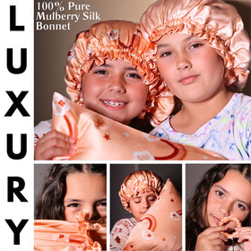 Kids wearing Silk Sleep Bonnet during bedtime